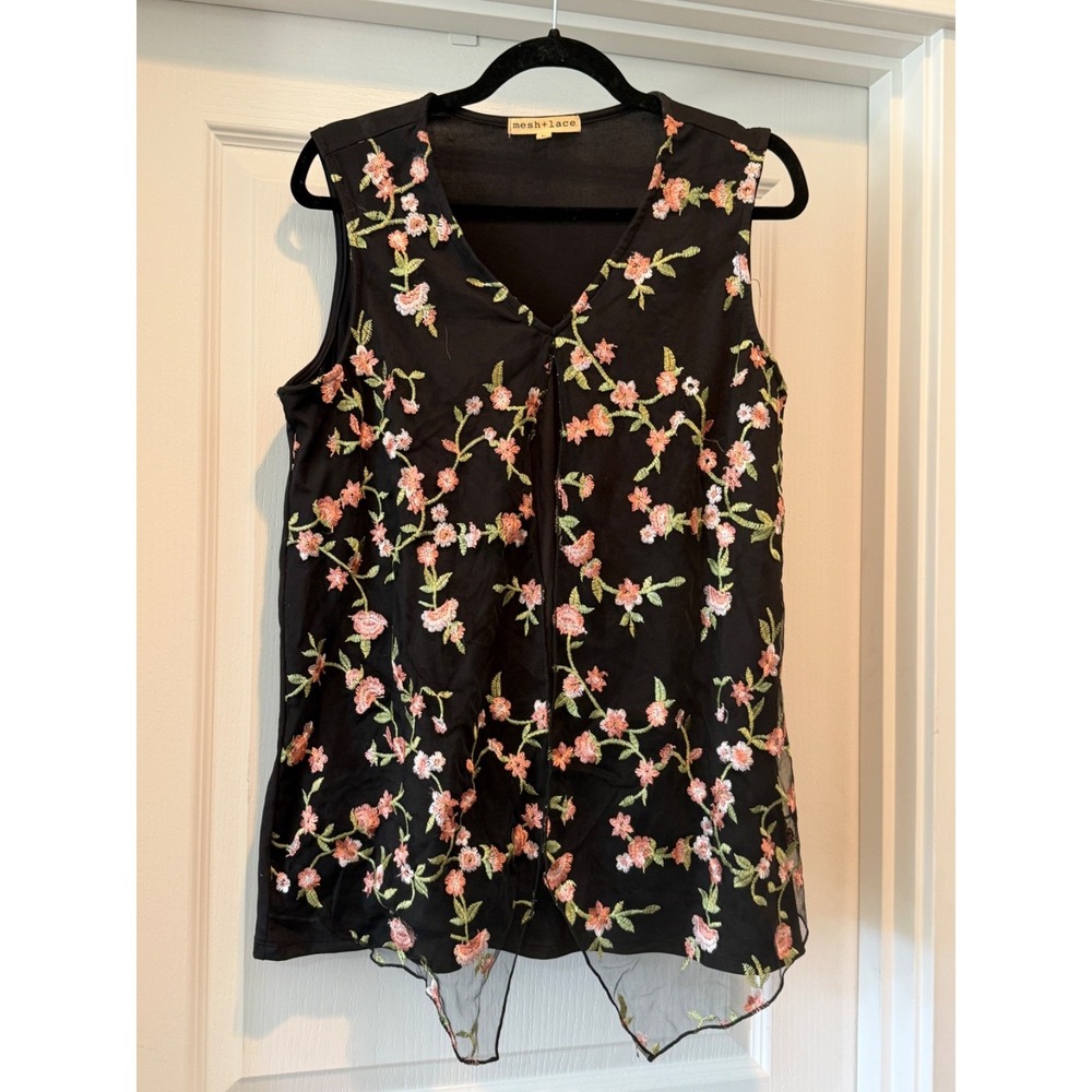 Vintage Mesh + Lace Large Black Floral Embroidered Sleeveless top Split front